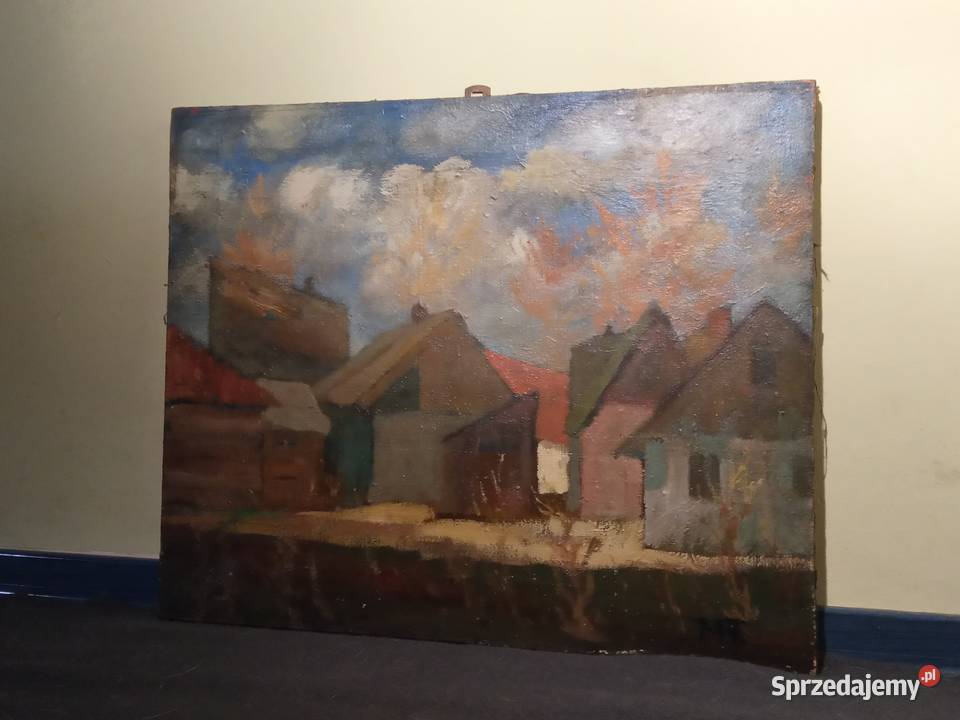 Stary obraz olejny Wieś sygnowany MT Kraków