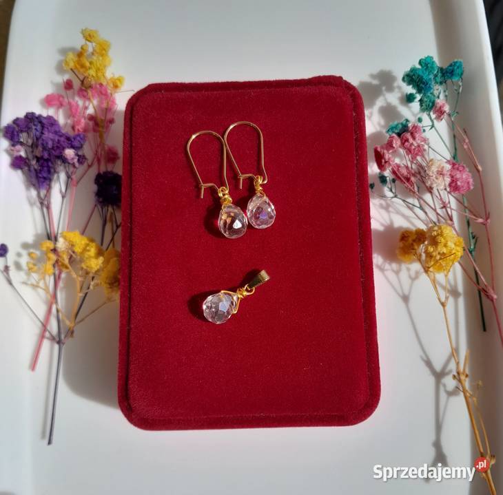 Pozłacany komplet z austriackim kryształem 10 mm Kolczyki Kozienice sprzedam