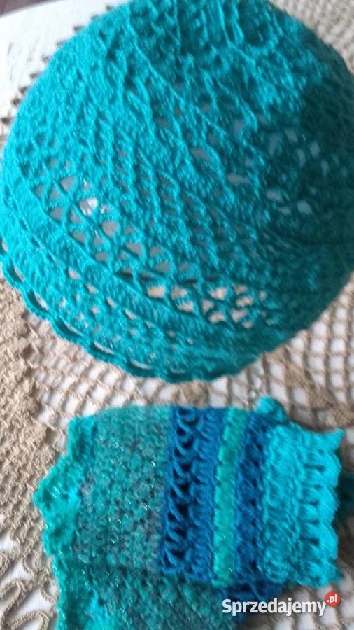 TURKUSOWA CZAPECZKA AŻUROWA MITENKI Piła