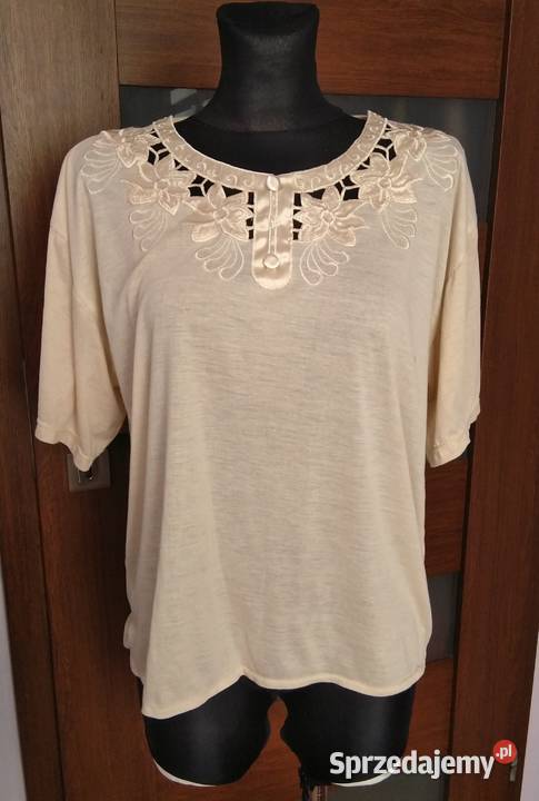 Beżowa bluzka z haftem lata 90 retro vintage brązowy/beżowy Krosno