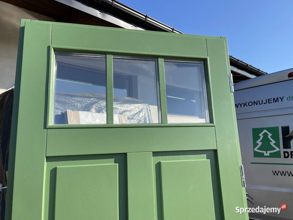 Drzwi drewniane zewnętrzne RĘKI zielone 6011 110cm Brodnica sprzedam