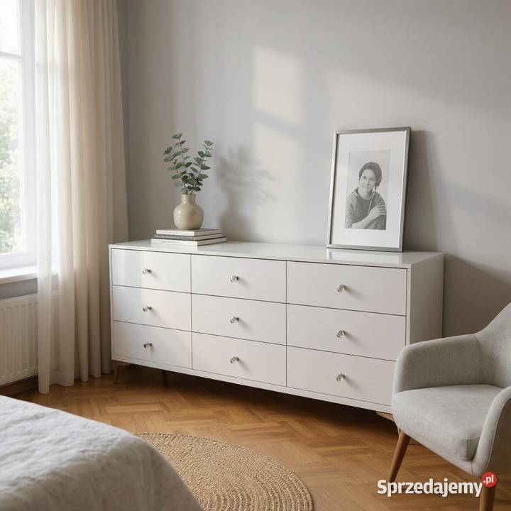 Komoda biała ze szkła noga chrom gałka kryształ