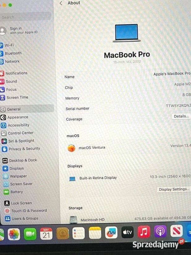 Apple MacBook Pro 13inch 2022 M2 Chip8GB Liczba rdzeni 6 Wąwolnica