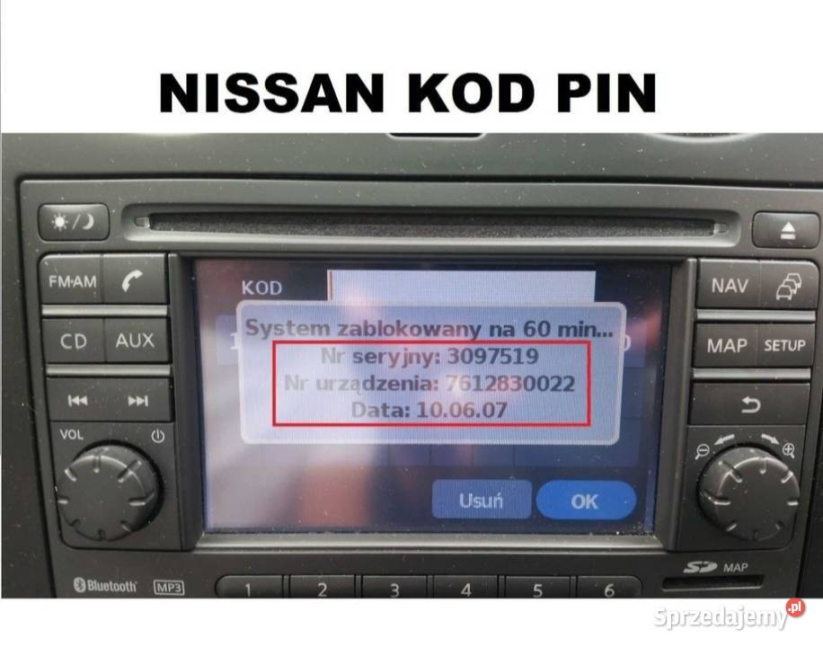 Kod PIN do radia Nissan Note Qashqai Micra Juke łódzkie Aleksandrów Łódzki