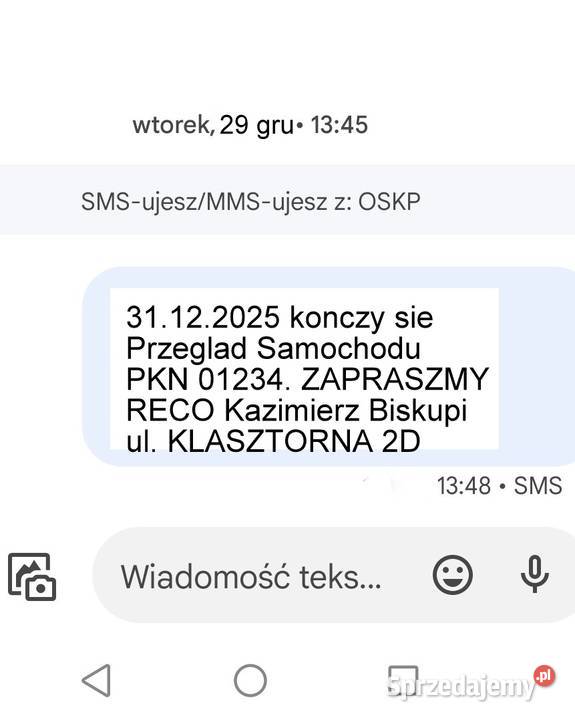 SMS Przypominacz Stacja Kontroli Pojazdów Naprawa i warsztat Kazimierz Biskupi