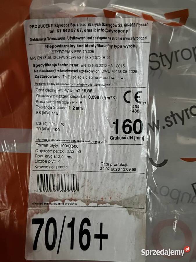 styropian EPS 70 038 50x100 grubości 16 TR 100 Poznań