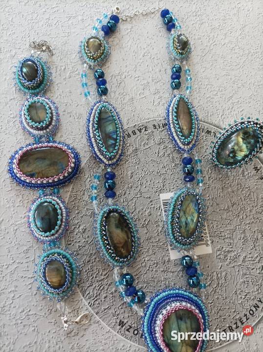 Przecudny oryginalny komplet labradoryty beading śląskie