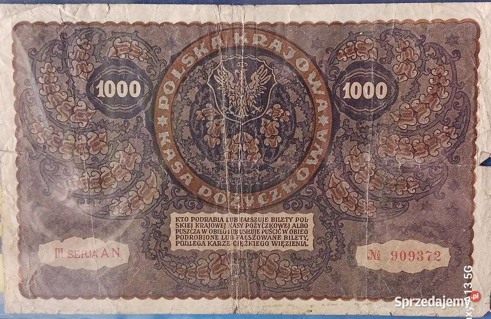 1000 Marek Polskich 1919 r Warszawa Seria III Konin