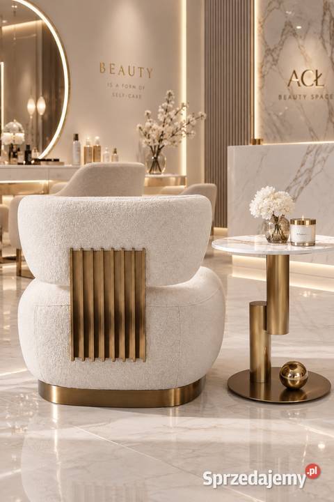 Fotel glamour boucle biały ecru ze złotą Golkowice