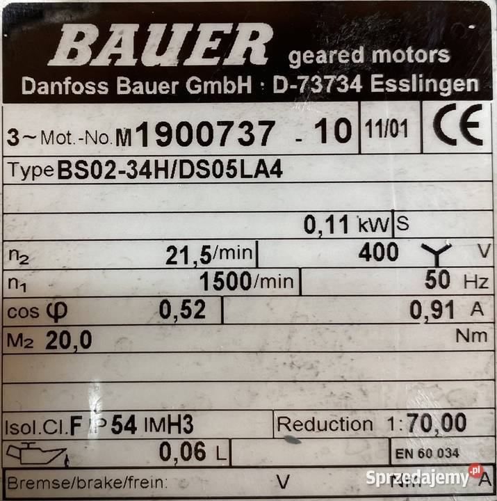 motoreduktor przekładnia 011kW 215obr 3fazowy Pigża sprzedam