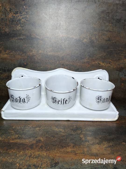 Zestaw kuchenny emaliowany Art Deco vintage PRL wielkopolskie Kalisz