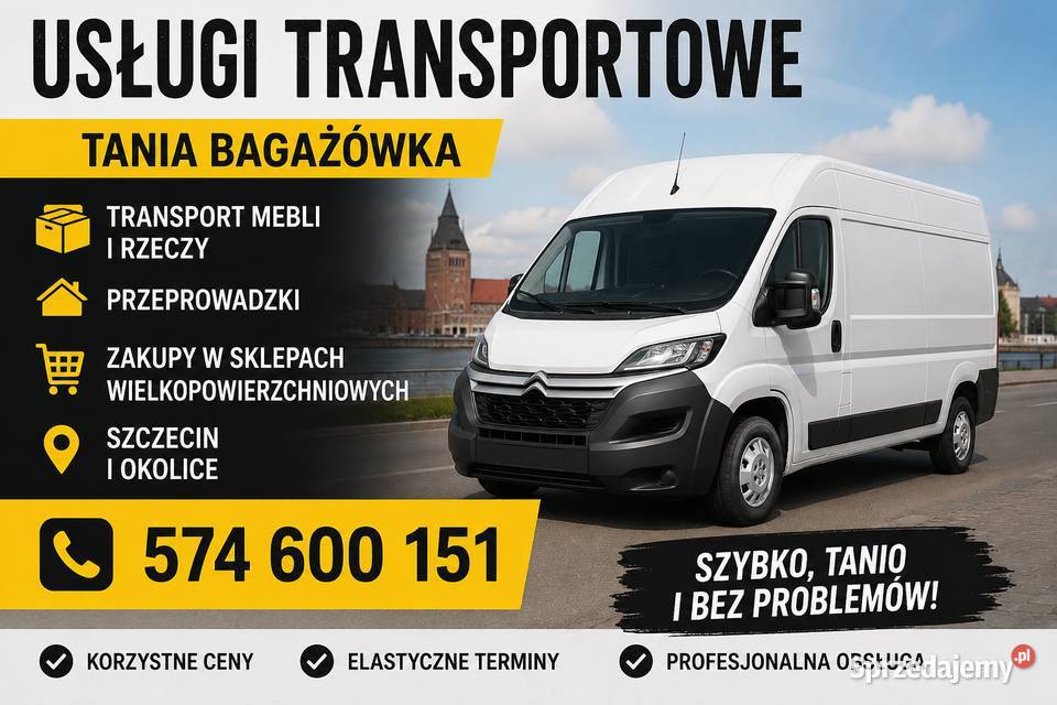 Tania bagażówka Szczecin Police transport bus z kierowca. Przewóz rzeczy