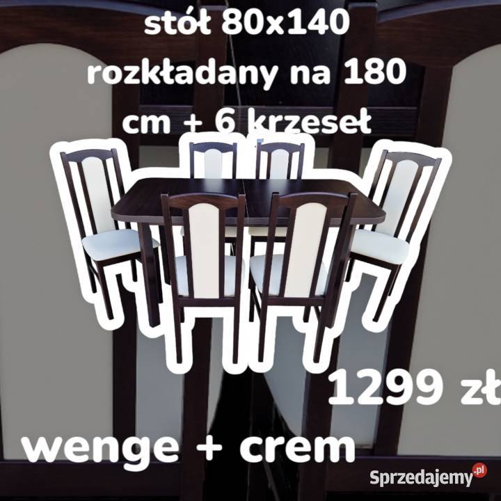 Nowe: Stół 80x140/180 + 6 krzeseł, wenge + crem, dostawa PL