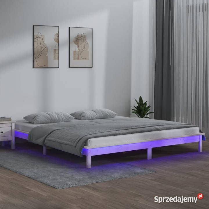 Rama łóżka z LED biała Super King lite drewno