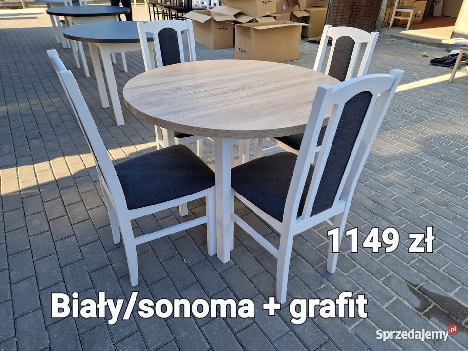 Nowe: Stół okrągły + 4 krzesła, biały/blat sonoma + grafit