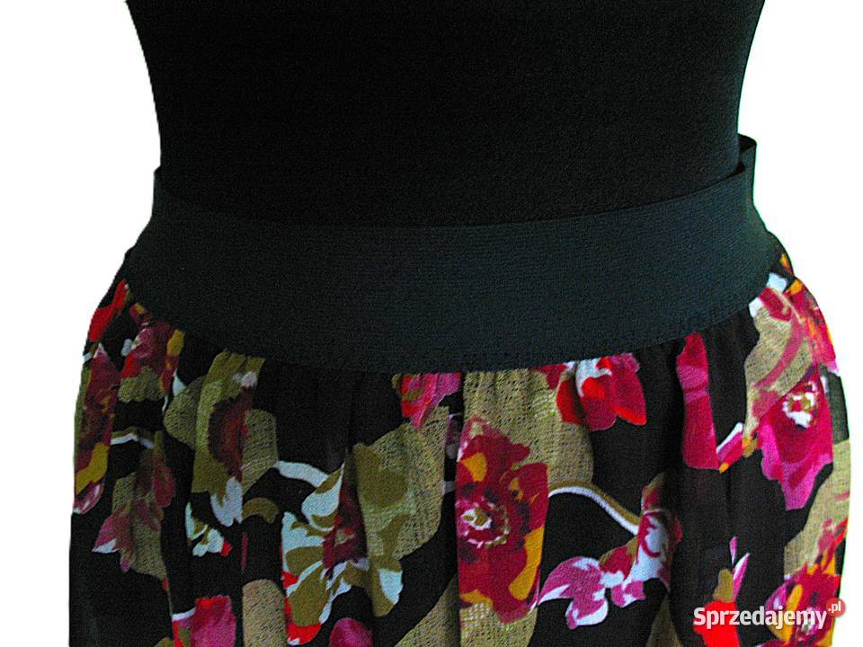 Spódnica Mini czarna w kwiaty 38 42 pas 70 90