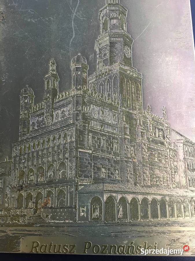 Plakieta Mosiężna z ryciną ratusz Poznań Antyki Zielonka