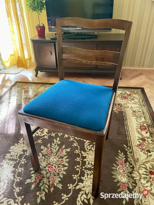 Stylowe krzesła vintage ciemne drewno niebieskie Toruń