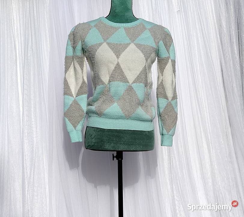 Miętowy sweter M 38 kratka romby szachownica zachodniopomorskie sprzedam