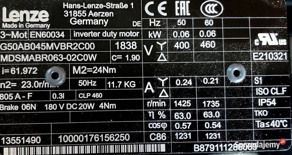motoreduktor przekładnia 006kW 23obr HAMULEC Pigża