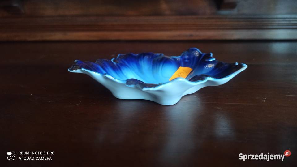 Muszelka porcelana kobaltowa pomarańczowe kwiaty pomorskie Gdańsk