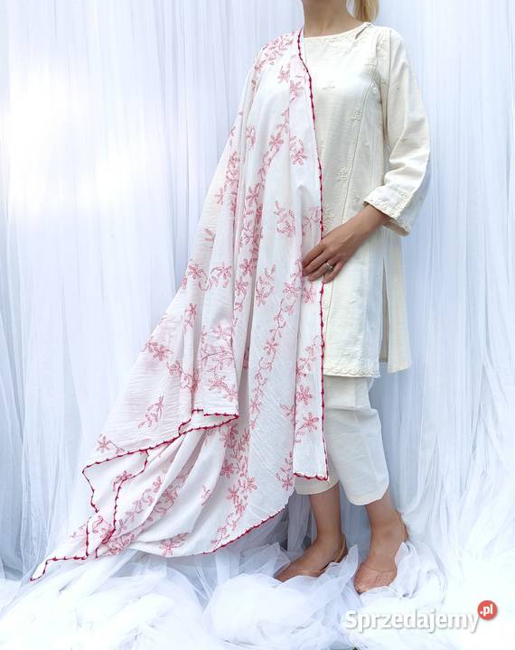 Duża chusta szal dupatta haftowana biała bawełna Dla kobiet Szczecin