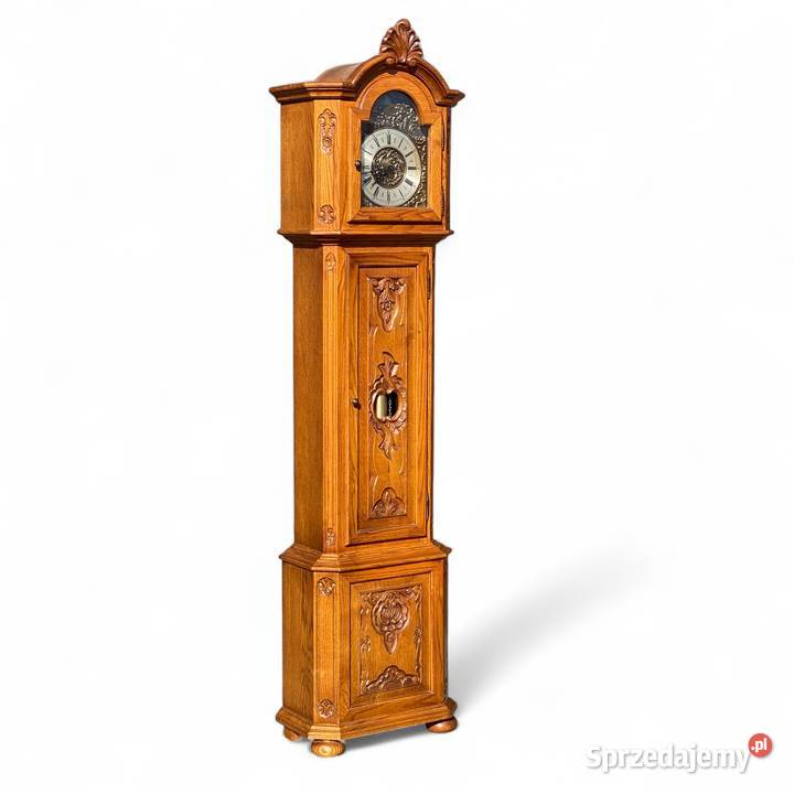 Zegar kwadransowy stojący w rzeźbionej dębowej Pozostałe Antyki, Sztuka, Kolekcje Gryfice
