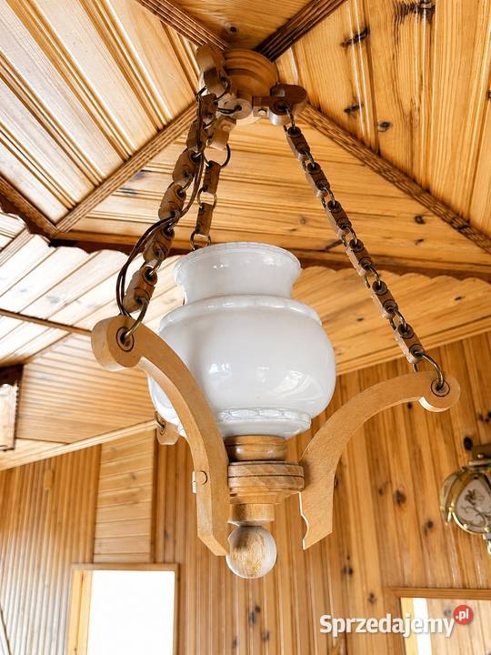 Komplet 2 drewnianych żyrandoli vintage PRL Lampy wiszące Łańcut