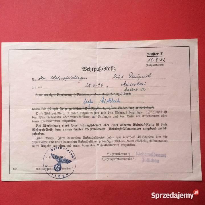 1230 Dokument Niemiecki Kurt Rauprich Szczecin