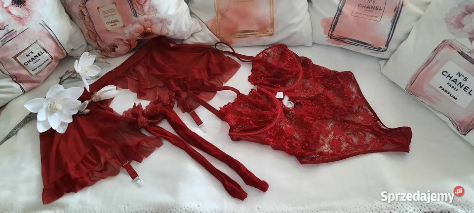 seksowny koronkowy komplet wiśniowy kabaretki Rozmiar XXL