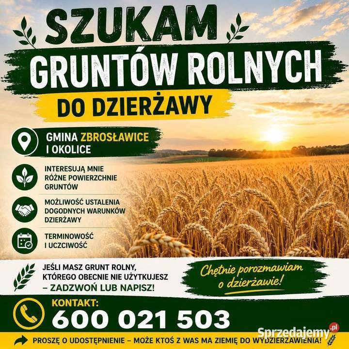 Wezmę w dzierżawe grunty rolne śląskie Zbrosławice