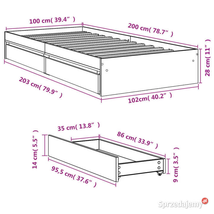 Rama łóżka z szufladami przydymiony dąb 100x200 Łóżka