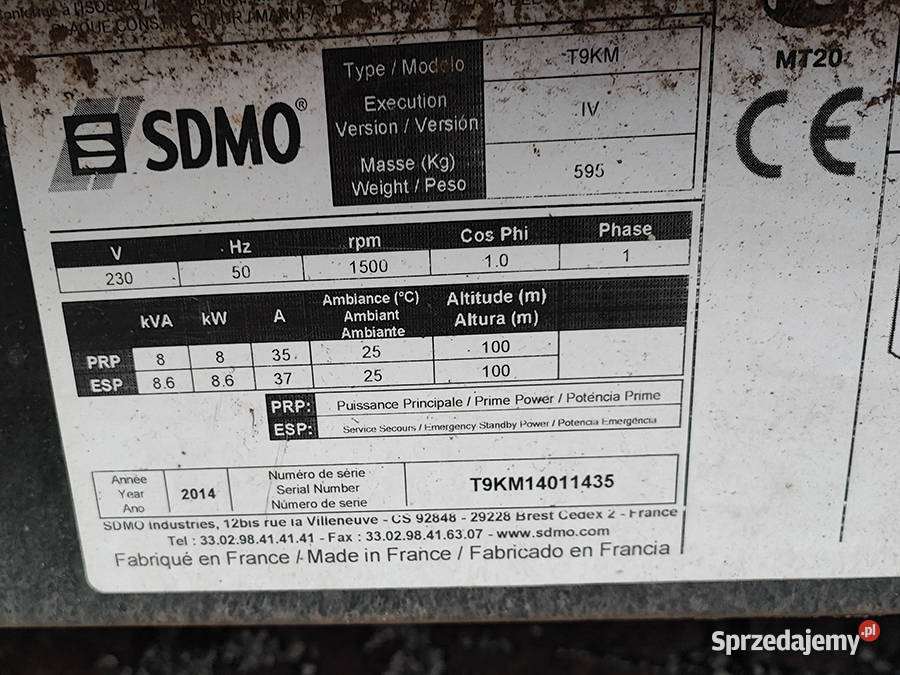 agregat prądotwórczy SDMO T9 86 kVA 8 kW 2014 Kęty