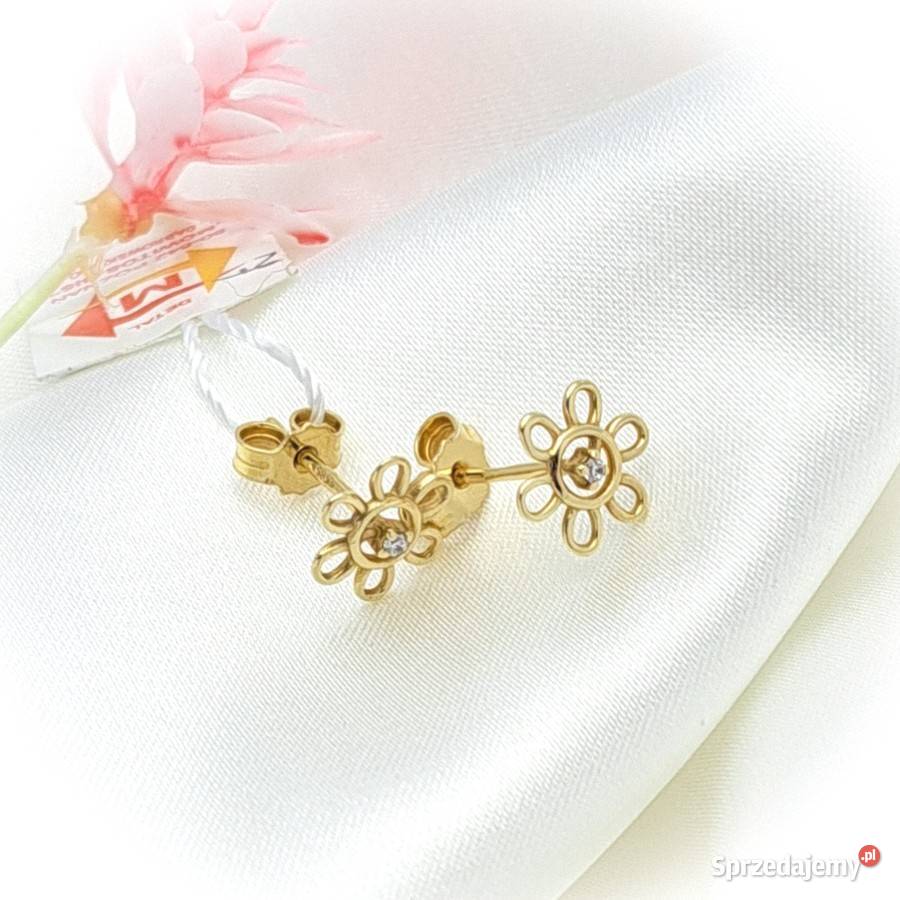 Kolczyki Złote pr585 Kwiatki z kamieniem sztyft Zegarki i Biżuteria