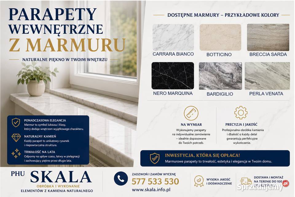 na wymiar parapety wewnętrzne z marmuru Przemyśl