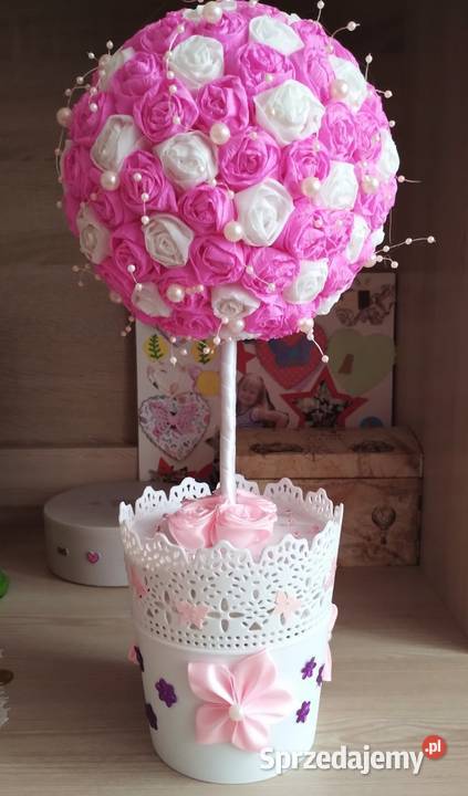 Różowe drzewko w doniczce stroik ozdoba handmade