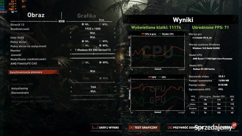 Komputer gamingowy RX 580 8GB Ryzen 7 16GB Ram Ostrów Wielkopolski sprzedam