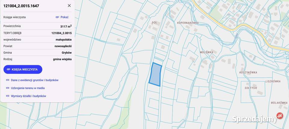 Działka rolnobudowlana Gródek gmGrybów 6zł/m2