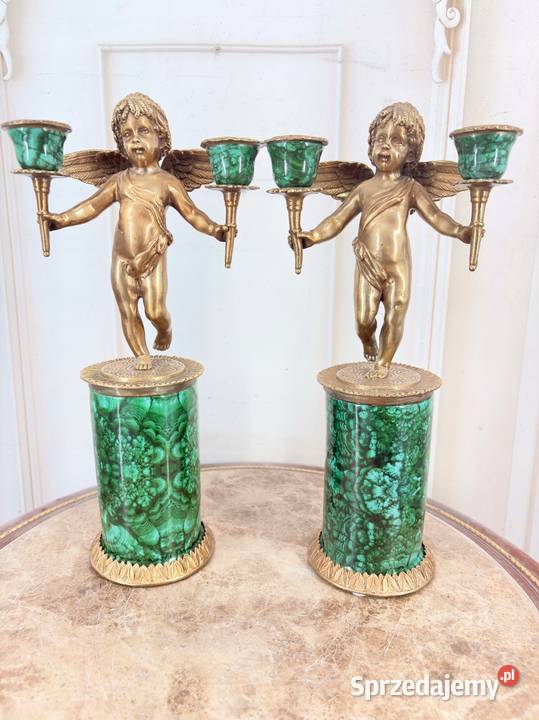 2 Zielone Świeczniki Porcelana Brąz Amory Anioły Kraków