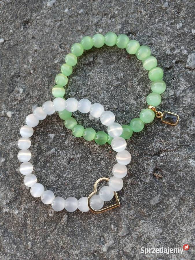 Bransoletki 2 damskie Kocie Oko 8mm zielonebiałe