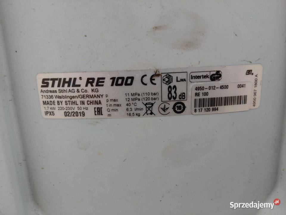 Myjka ciśnieniowa Stihl RE 100 110 bar 17 kW Pratków