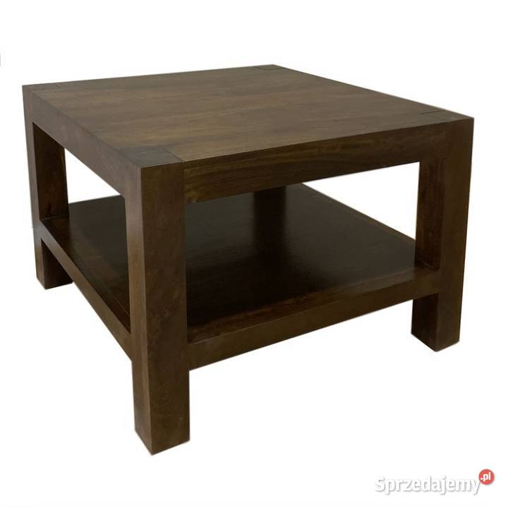 Brązowy drewniany stolik 80x80 z mango z półką