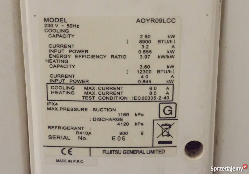 Klimatyzator ścienny Fujitsu ASYA09LCCAOYR09LCC Częstochowa sprzedam
