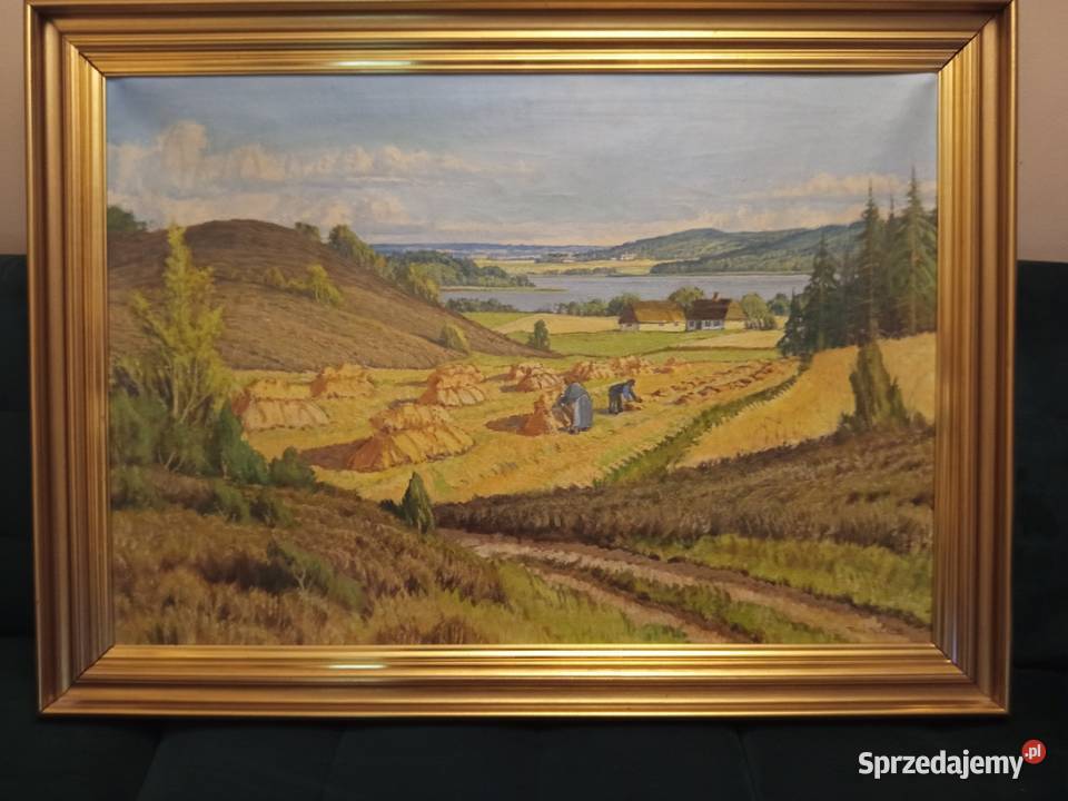 Duży olej na płótnie Wiejski pejzarz ŻNIWA w Warszawa