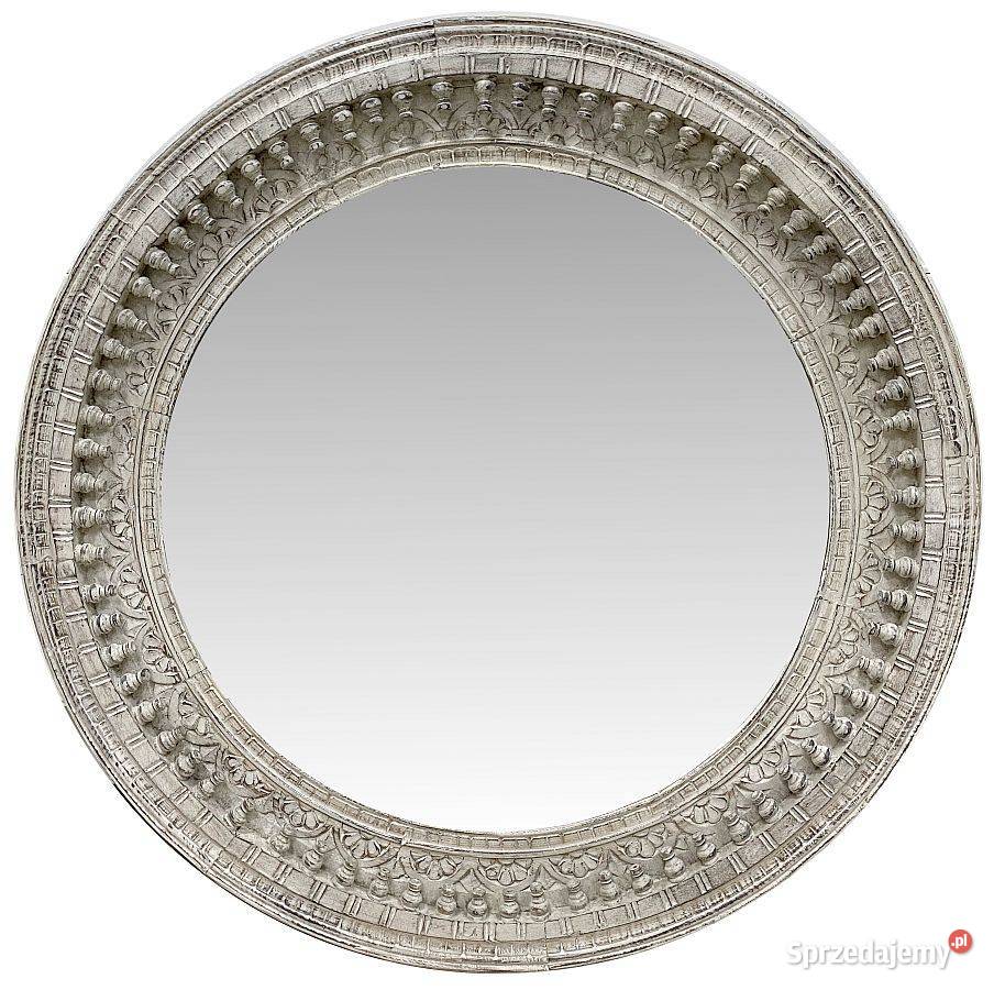 Białe drewniane lustro rzeźbione okrągłe z mango Lublin sprzedam