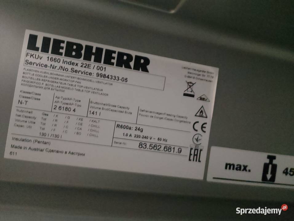 Szafa chłodnicza podblatowa Liebherr FKUv 1660 dolnośląskie Wrocław sprzedam