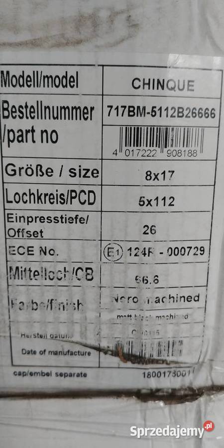 Nowe alu felgi 8x17 5x112 et26 Rozmiar 17" Bielsko-Biała