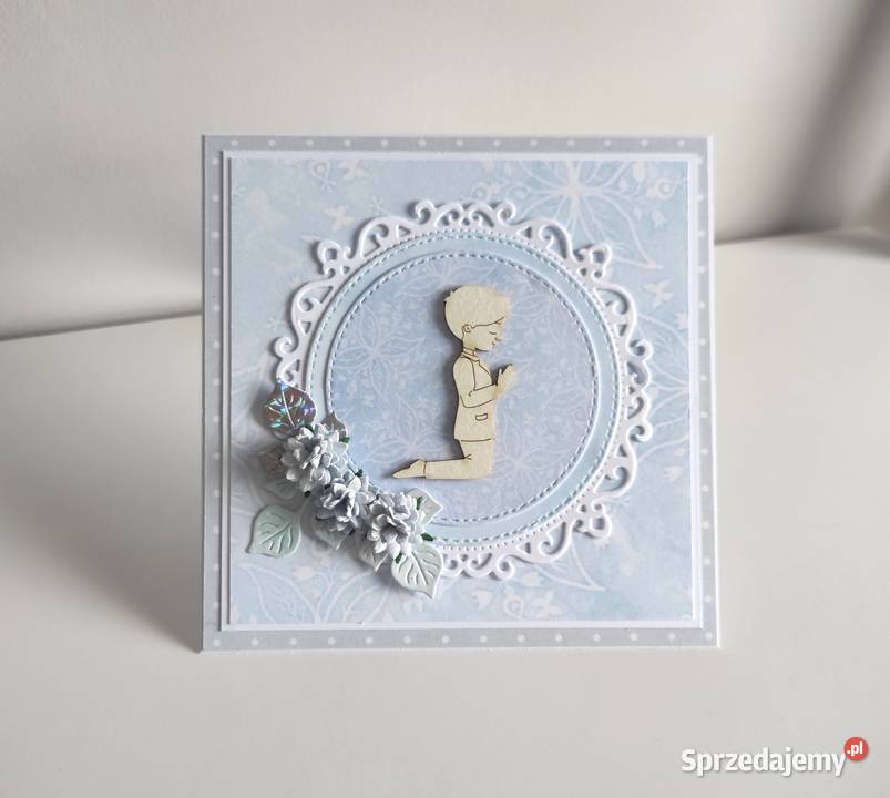 Kartka ręcznie robiona Komunia Święta niebieska Rękodzieło Łódź