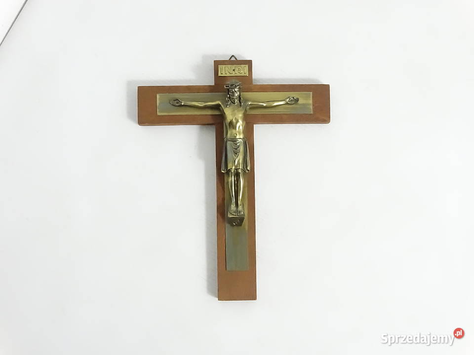 Stary krucyfiks ścienny 25x20 Drewno Mosiądz PRL Biłgoraj