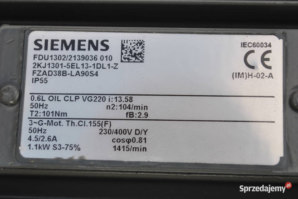 Motoreduktor 11kw 104obrmin SIEMENS Kargowa